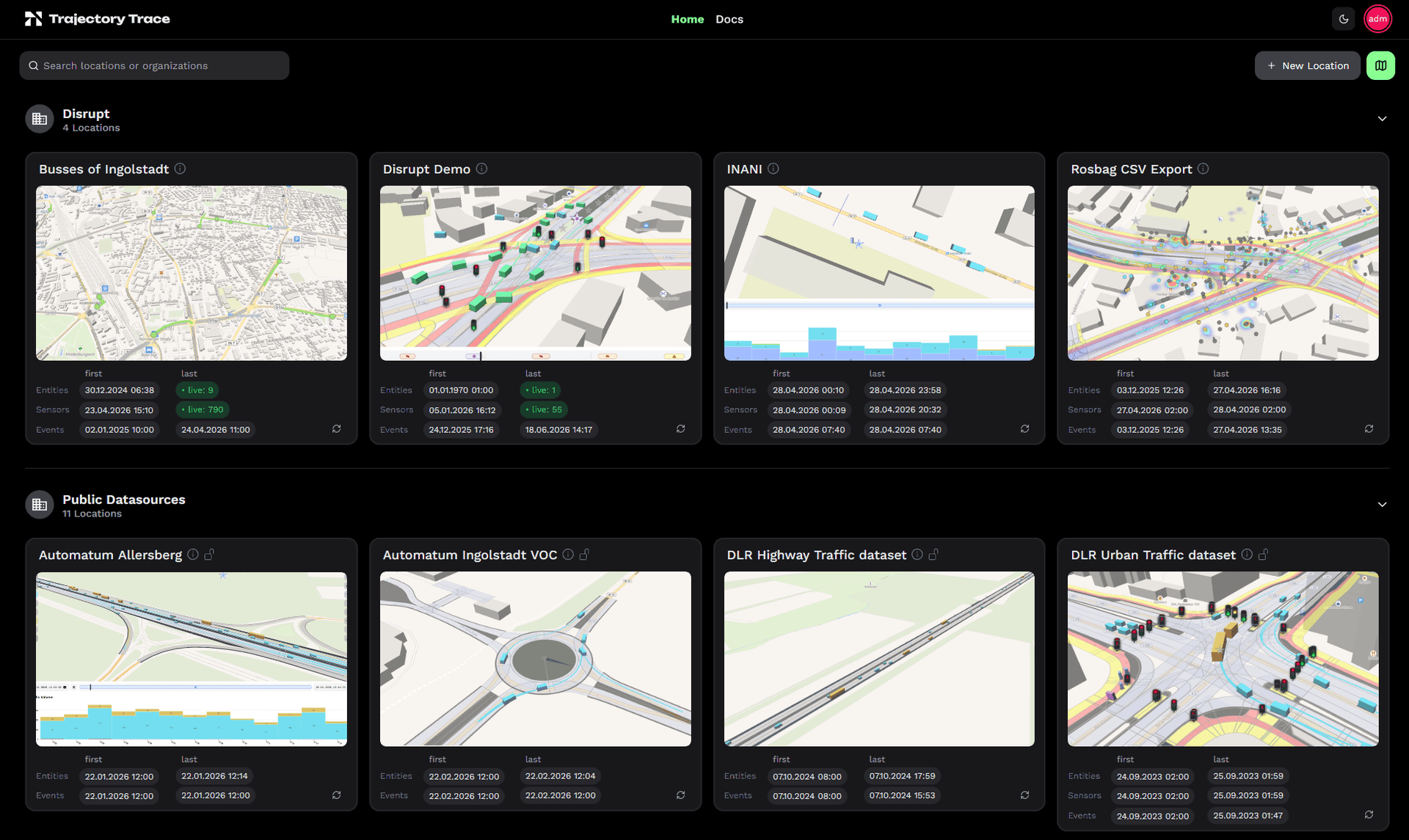 Trajectory Trace Home-Seite – Überarbeitete Location-Übersicht mit Diagnose-Zeitstempeln und Live-Status