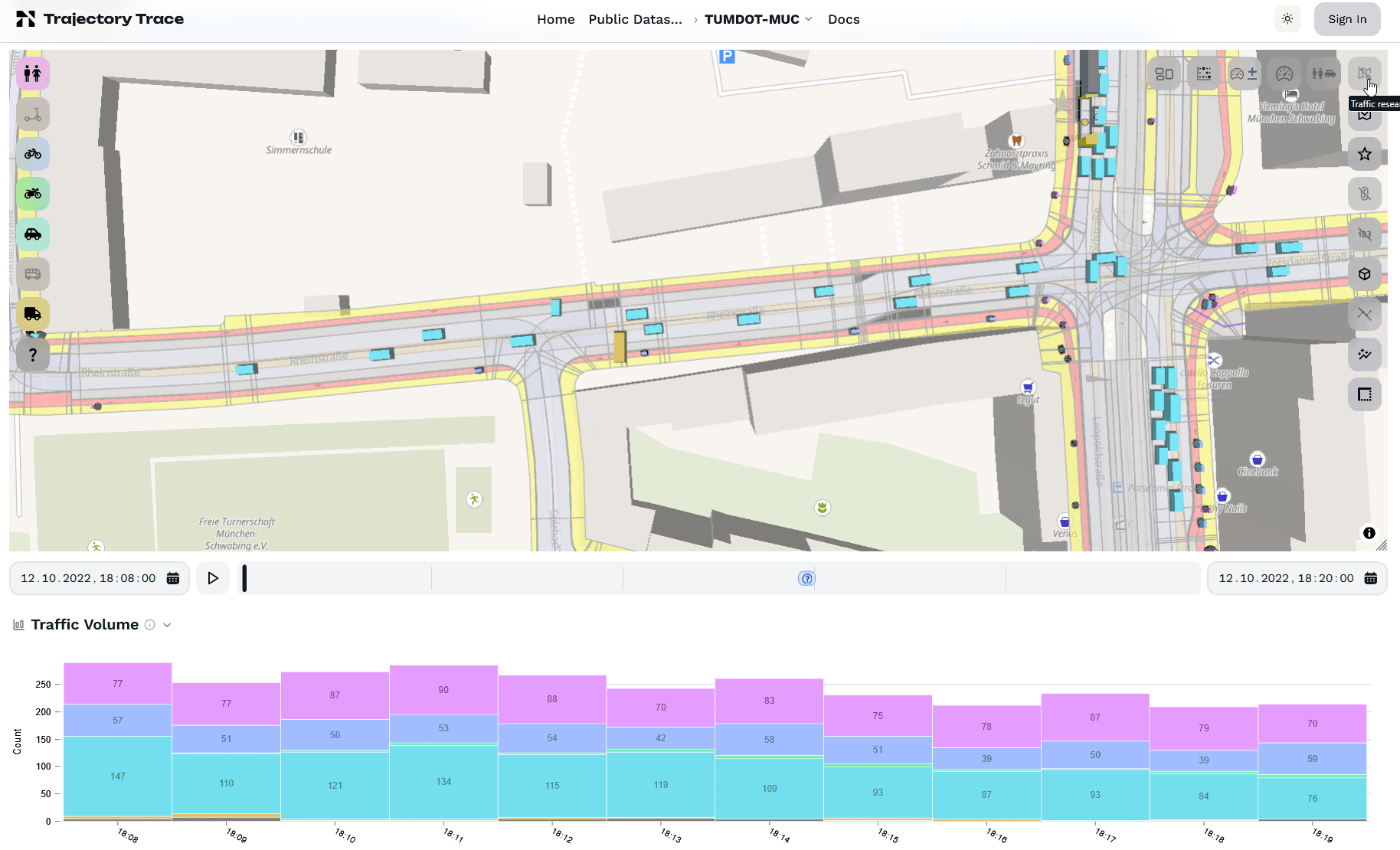 Cluster Analyse &amp; Trajectory Trace Traffic Research Overlay – Trajektorien nach Klasse, Geschwindigkeit und Beschleunigung